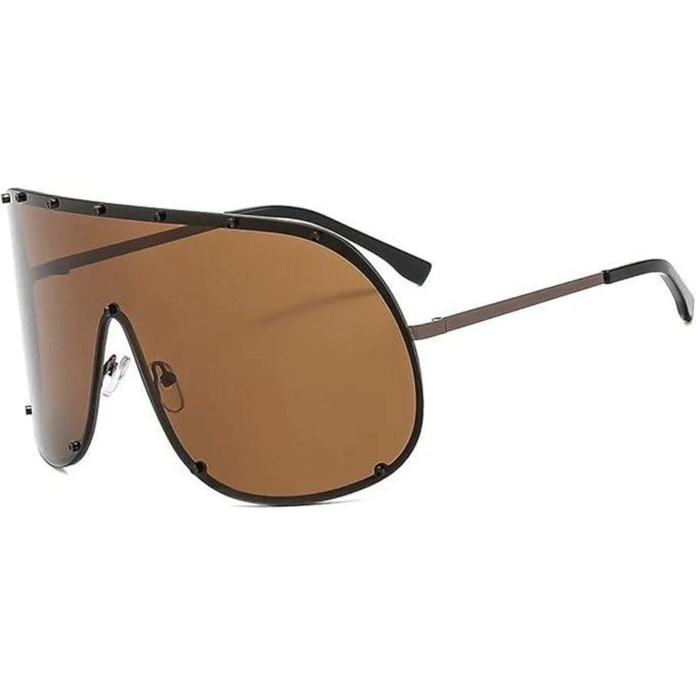 Shield Sunglasses Oversized Trendy Rivet Brown Lens Fashion Statement Lentes New